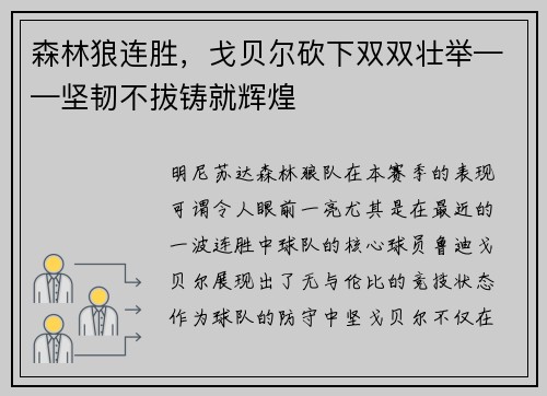森林狼连胜,戈贝尔砍下双双壮举——坚韧不拔铸就辉煌
